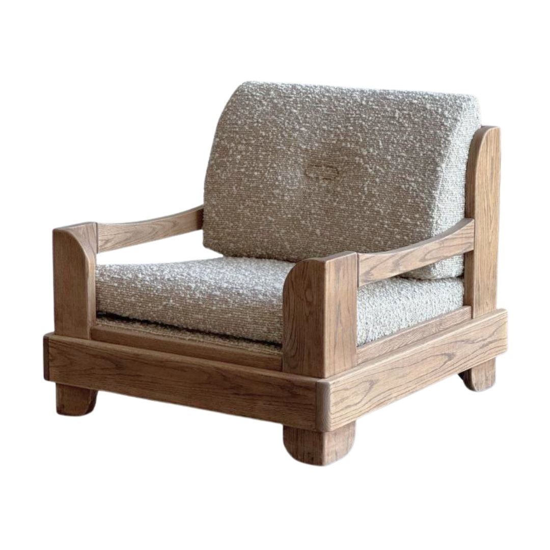 talent design, nola koltuk, antik ceviz koltuk, eski meşe ahşap koltuk, boucle kumaş koltuk, rustik tekli koltuk, minimalist ahşap koltuk, skandinav stil koltuk, el işçiliği masif koltuk, doğal ahşap detaylı koltuk, kalın minderli rahat koltuk, iç mekân bohem koltuk, modern rustik oturma alanı, retro esintili tasarım koltuk, dayanıklı konforlu koltuk