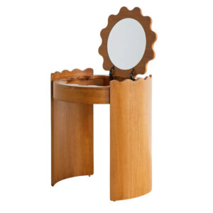 talent design, orka makyaj masası, yuvarlak tasarım masa, aynalı makyaj ünitesi, bohem tarz makyaj masası, kapaklı makyaj masası, ahşap makyaj masası, doğal ceviz görünümlü masa, skandinav stil masa, minimal depolama alanı, iç mekân dekoratif masa, zarif ve eğlenceli makyaj masası, el işçiliği ahşap mobilya, dekoratif kadın masası