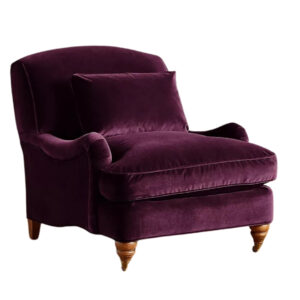 talent design, ipek kadife mor koltuk, torna ayaklı klasik tekli koltuk, İngiliz tarzı bohem koltuk, kıvrımlı kollu rahat oturumlu koltuk, gösterişli salon koltuğu tasarımı, vintage etkili döşemeli koltuk, yumuşak kadife döşemeli oturma koltuğu, zarif ve dekoratif koltuk modeli, iç mekan için lüks tekli koltuk, retro detaylı koltuk tasarımı, ahşap ayaklı geniş oturum koltuğu, klasik-modern harman koltuk önerisi
