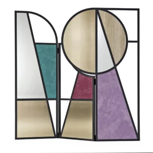 aurelia paravan, art deco paravan, renkli cam oda bölücü, dekoratif paravan, modern metal paravan, özel üretim paravan, sipariş mobilya, ısmarlama tasarım, geometrik cam bölücü, luxury room divider, artistic screen