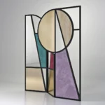 aurelia paravan, art deco paravan, renkli cam oda bölücü, dekoratif paravan, modern metal paravan, özel üretim paravan, sipariş mobilya, ısmarlama tasarım, geometrik cam bölücü, luxury room divider, artistic screen