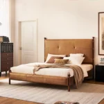 avelor karyola, deri başlıklı yatak, doğal deri karyola, ceviz ayaklı yatak, özel üretim karyola, sipariş yatak odası mobilyası, ısmarlama mobilya, leather bed frame, rustic modern bed, handcrafted bed