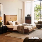 avelor karyola, deri başlıklı yatak, doğal deri karyola, ceviz ayaklı yatak, özel üretim karyola, sipariş yatak odası mobilyası, ısmarlama mobilya, leather bed frame, rustic modern bed, handcrafted bed