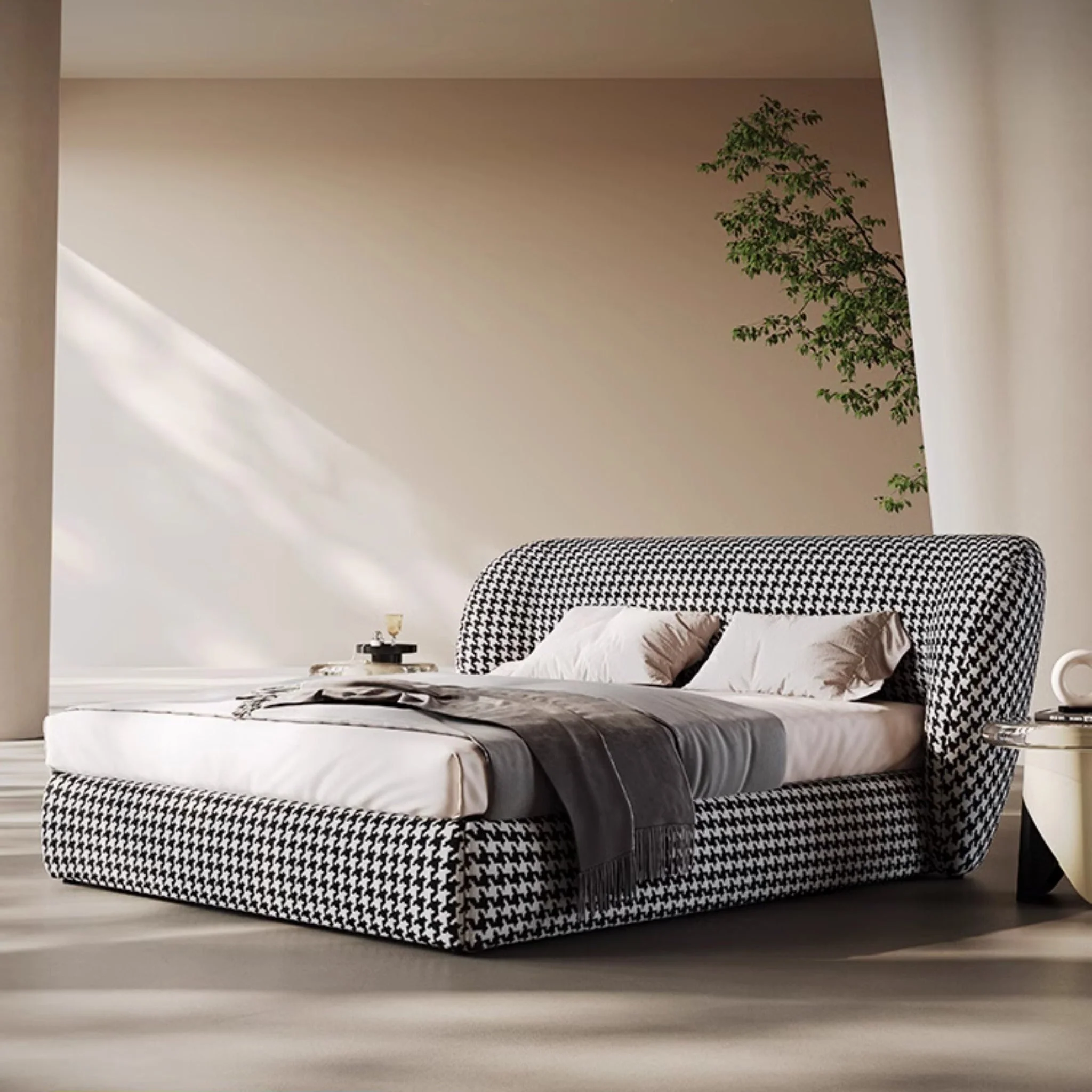 barella karyola, kazayağı desenli yatak, modern döşemeli baza, özel üretim karyola, statement bed, ısmarlama yatak odası mobilya, bold textile bed, luxury upholstered bed, talent design karyola