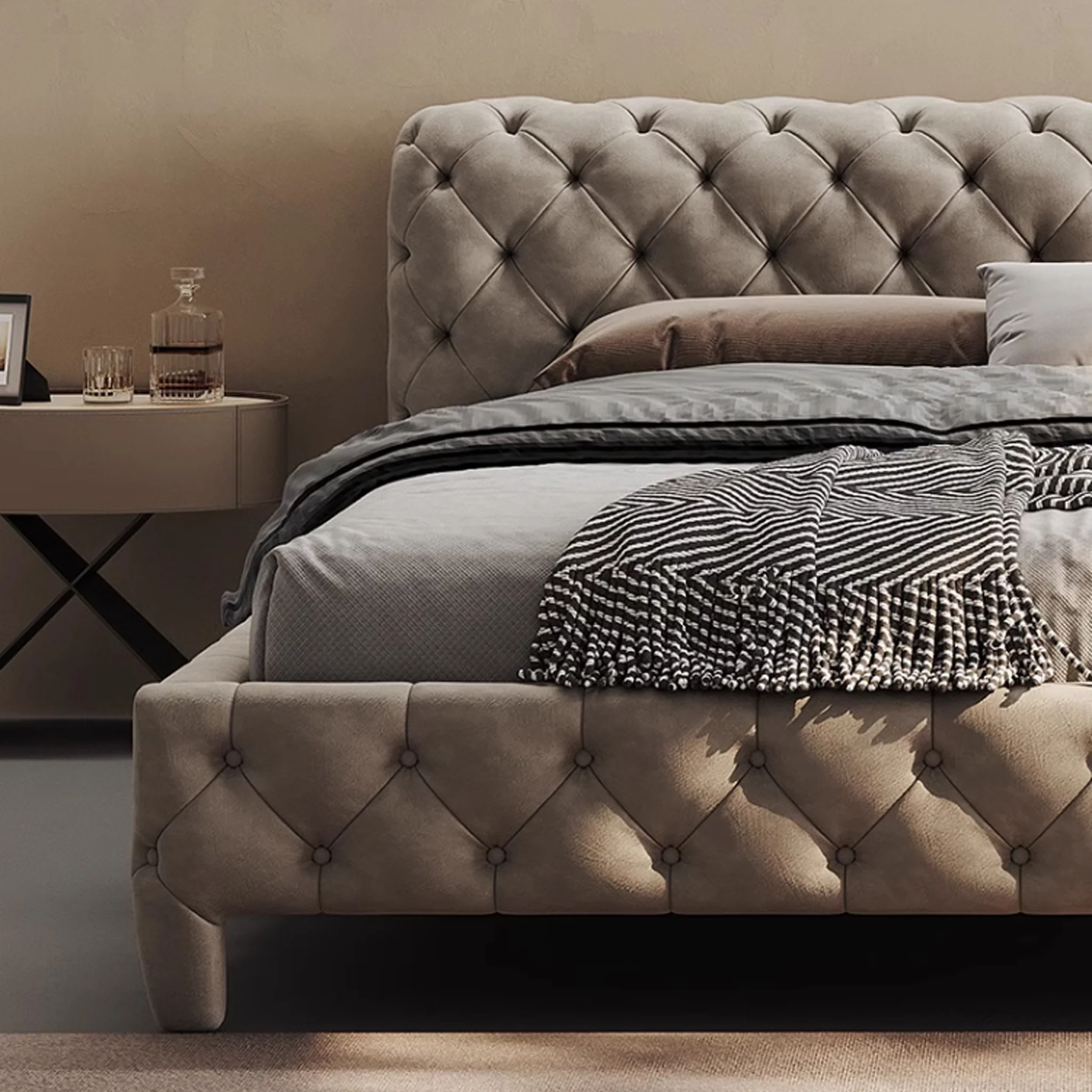bartona karyola, chesterfield yatak, kapitone baza, klasik modern karyola, özel üretim yatak odası, ısmarlama mobilya, şık döşemeli karyola, luxury bed frame, handmade upholstered bed, talent design karyola