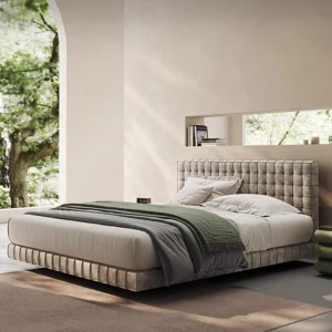 benzora karyola, kare kapitone yatak, modern döşemeli baza, özel üretim platform bed, ısmarlama mobilya, minimal lüks yatak, soft velvet bed frame, contemporary upholstered bed, talent design karyola
