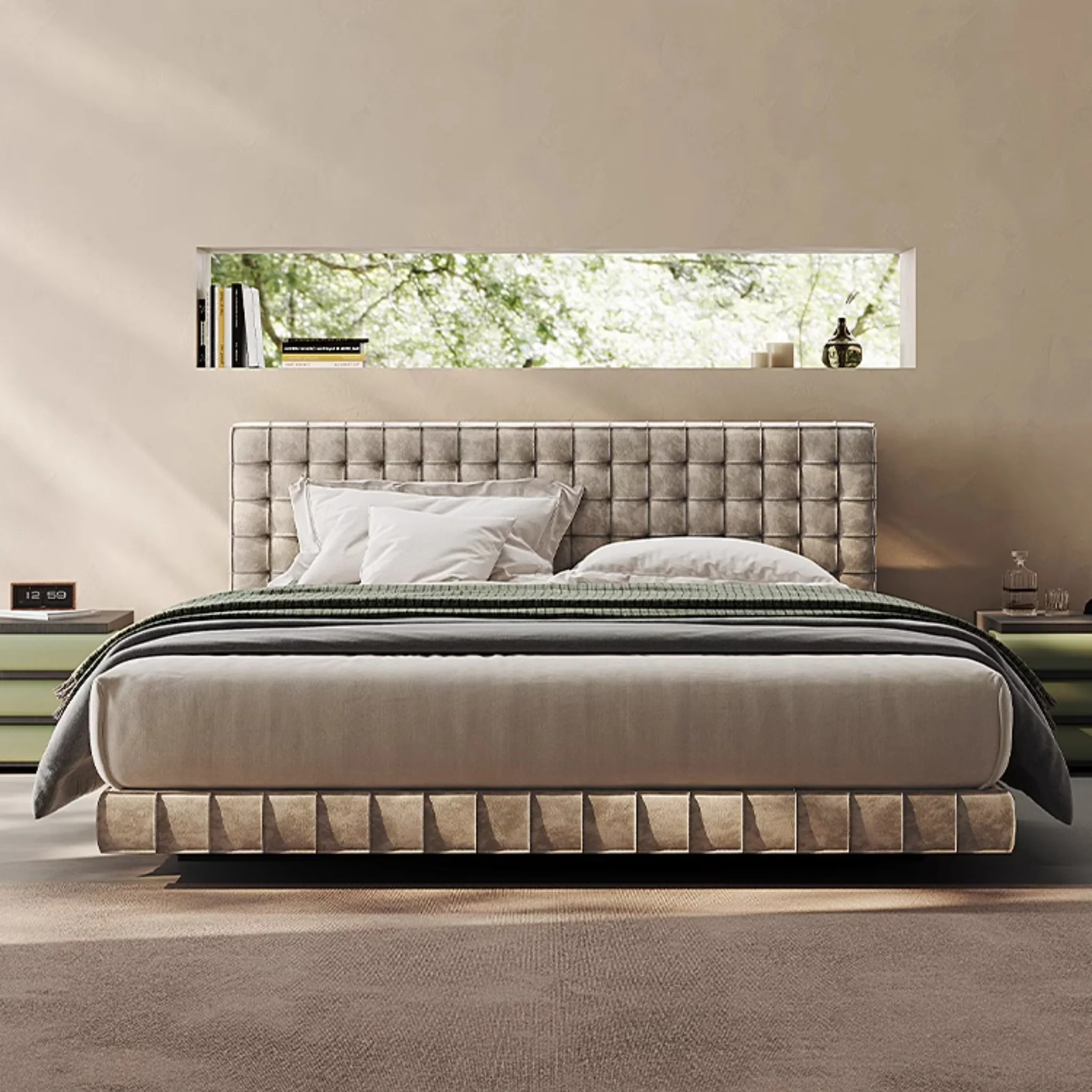 benzora karyola, kare kapitone yatak, modern döşemeli baza, özel üretim platform bed, ısmarlama mobilya, minimal lüks yatak, soft velvet bed frame, contemporary upholstered bed, talent design karyola