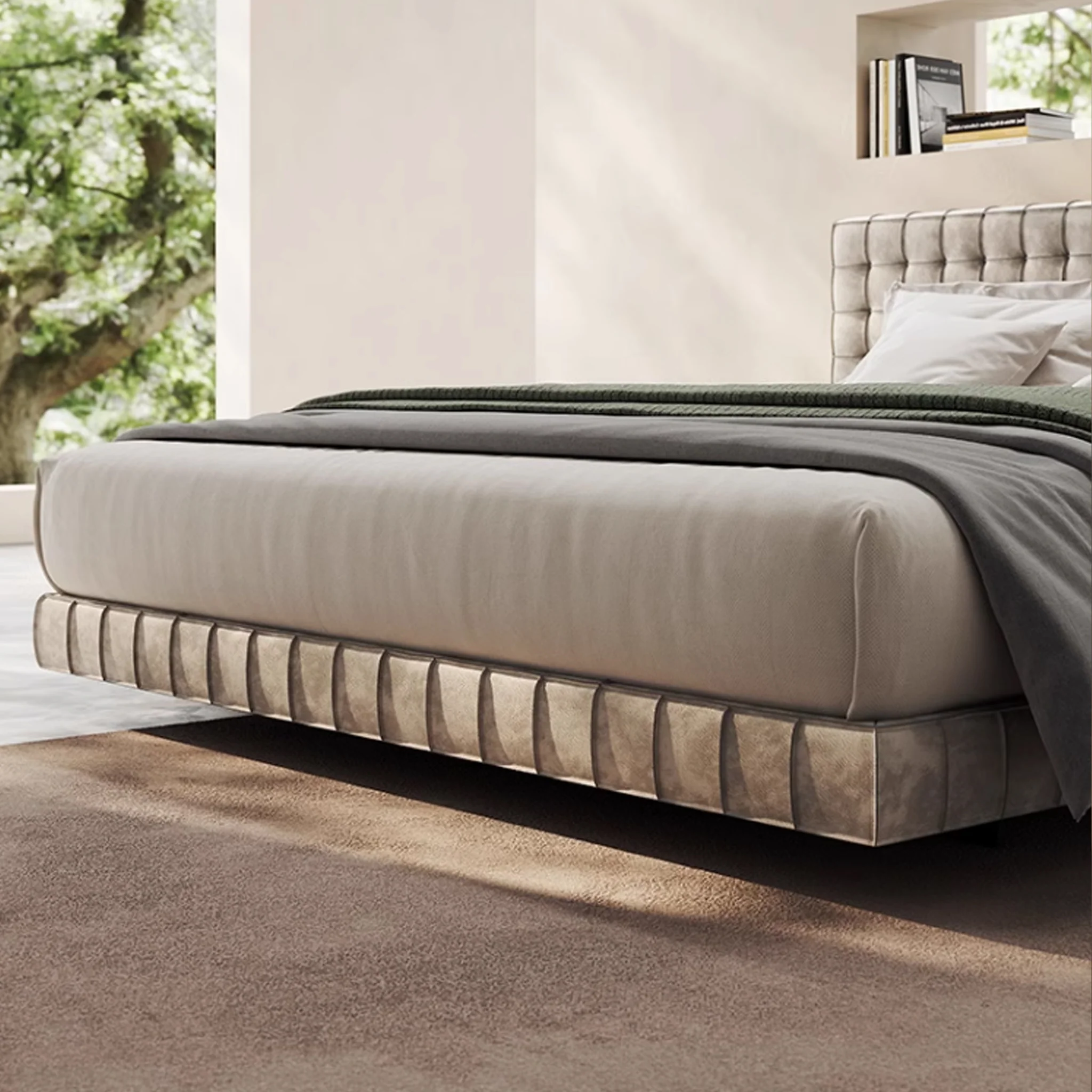 benzora karyola, kare kapitone yatak, modern döşemeli baza, özel üretim platform bed, ısmarlama mobilya, minimal lüks yatak, soft velvet bed frame, contemporary upholstered bed, talent design karyola