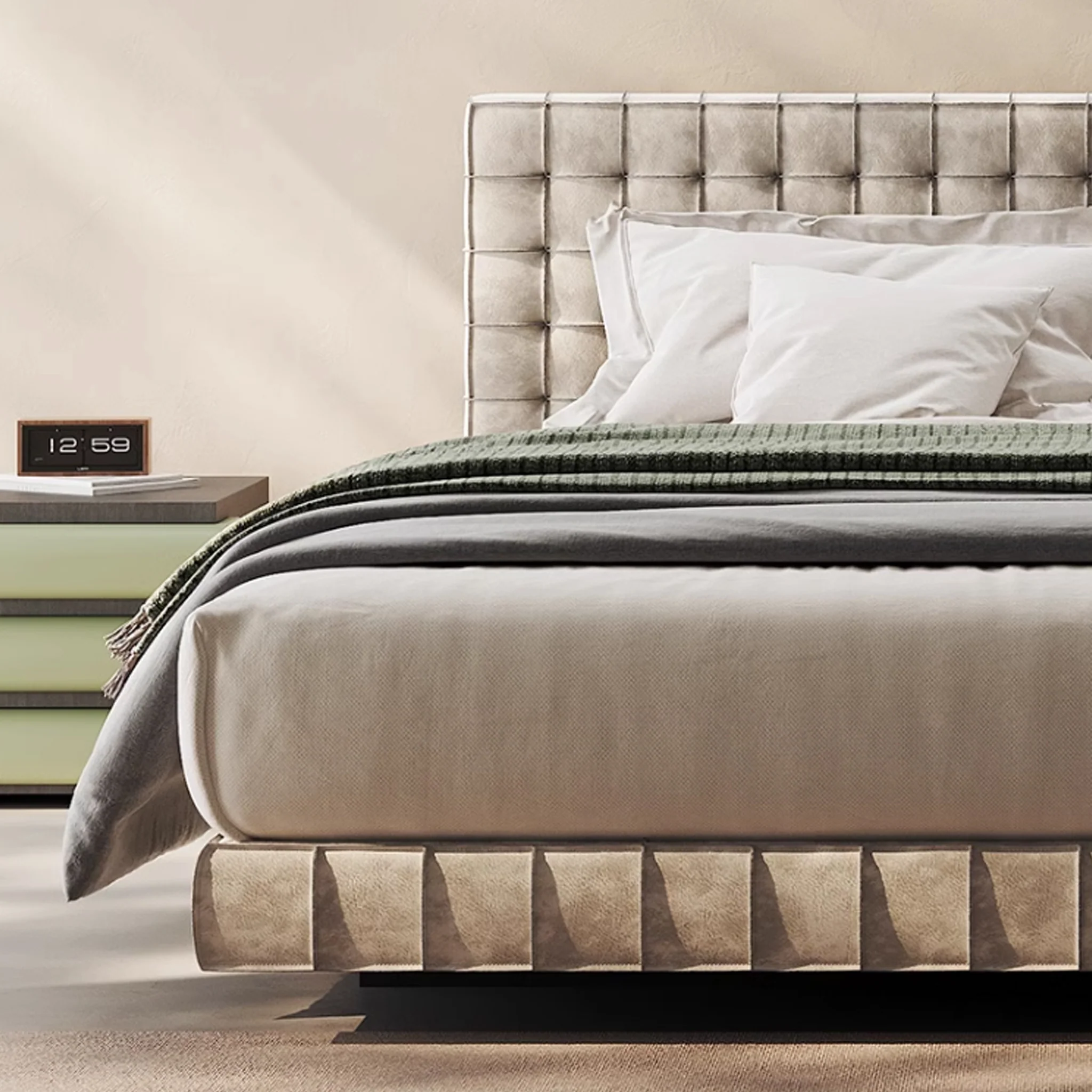 benzora karyola, kare kapitone yatak, modern döşemeli baza, özel üretim platform bed, ısmarlama mobilya, minimal lüks yatak, soft velvet bed frame, contemporary upholstered bed, talent design karyola