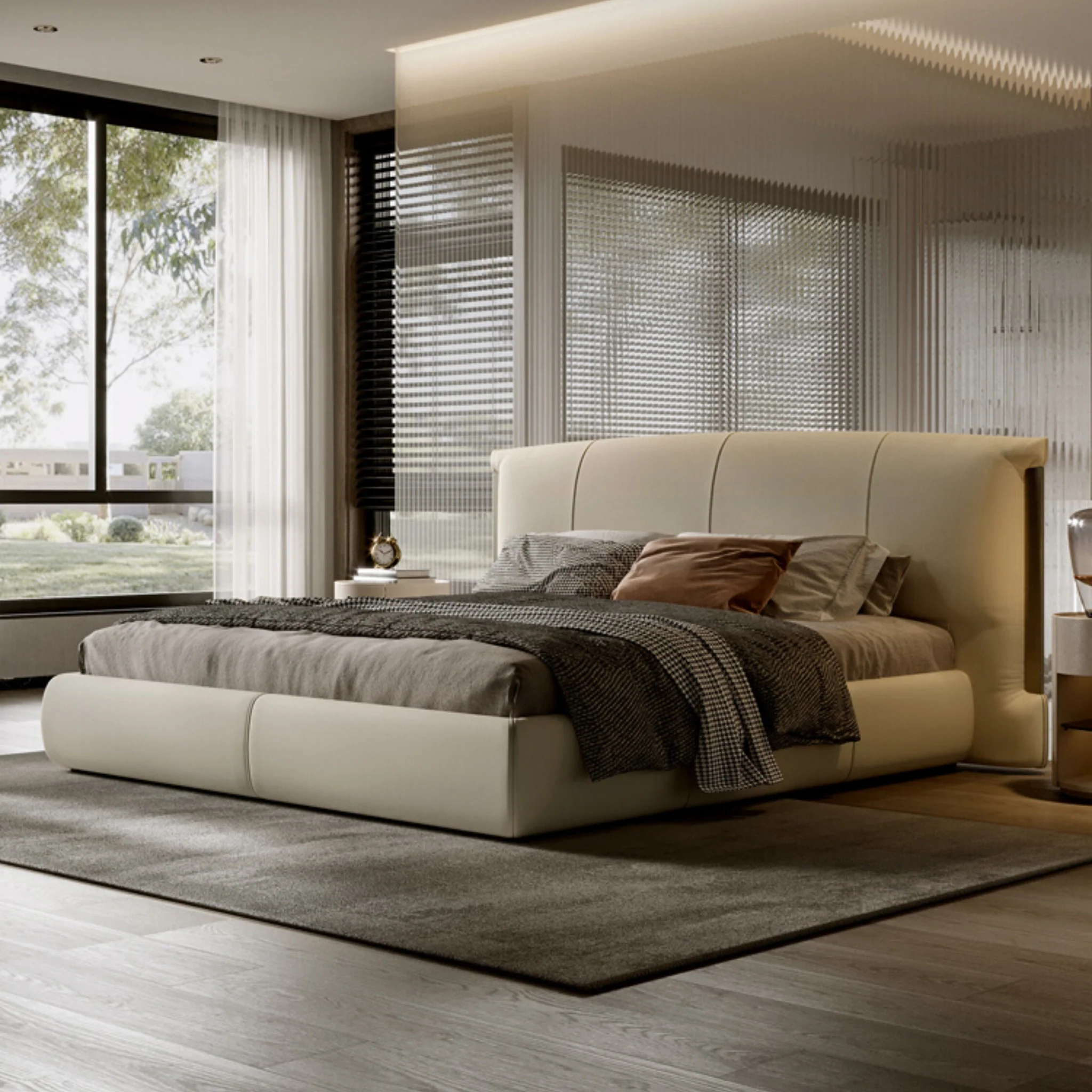 berlize karyola, deri başlıklı modern yatak, özel üretim baza, minimal karyola, ısmarlama mobilya, sipariş yatak odası tasarımı, low platform bed, luxury contemporary bed, talent design karyola