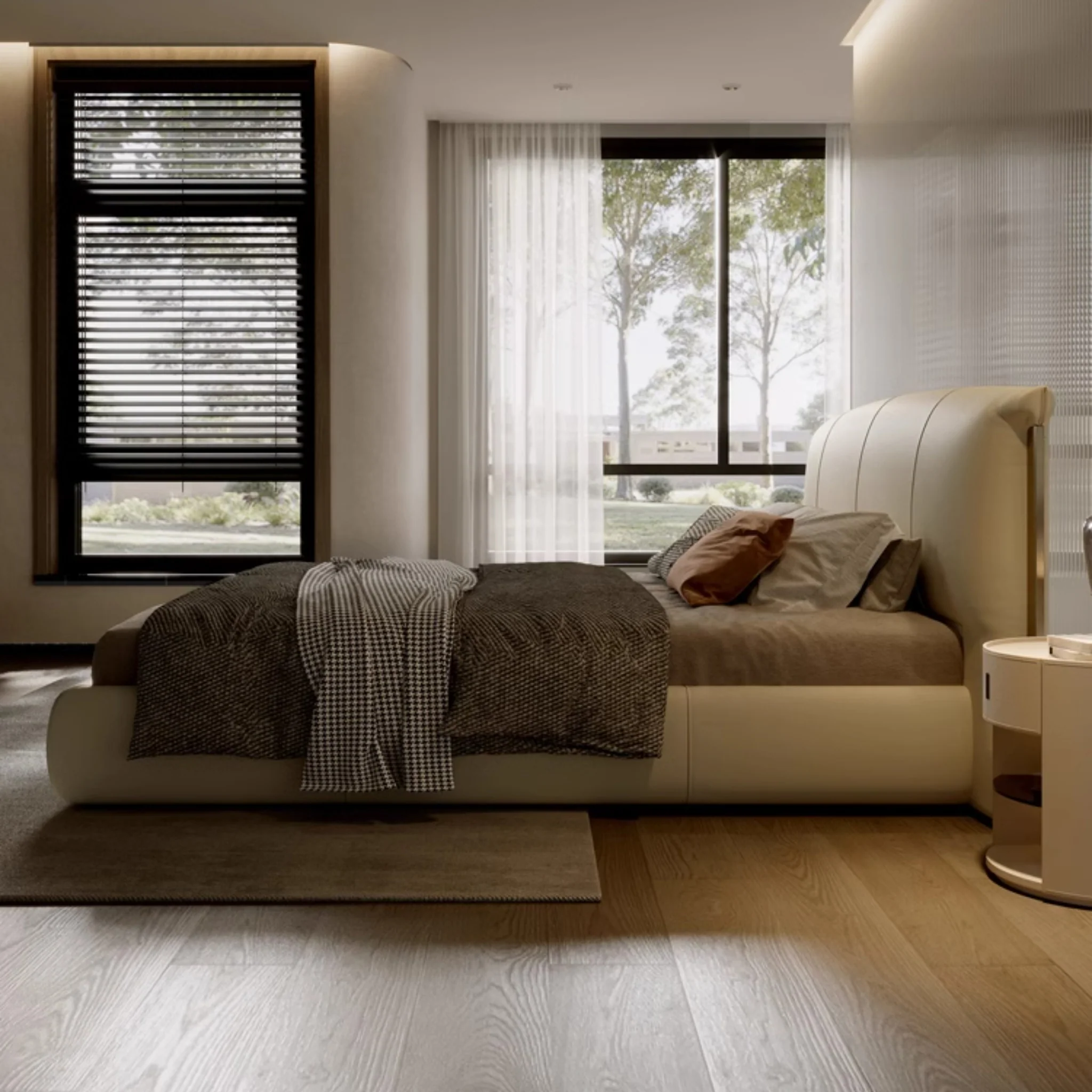 berlize karyola, deri başlıklı modern yatak, özel üretim baza, minimal karyola, ısmarlama mobilya, sipariş yatak odası tasarımı, low platform bed, luxury contemporary bed, talent design karyola