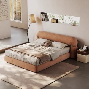 bernora karyola, rulo başlıklı yatak, modern döşemeli baza, doğal deri yatak, özel üretim karyola, sipariş mobilya, ısmarlama yatak odası, soft luxury bed, japandi bed design, contemporary platform bed
