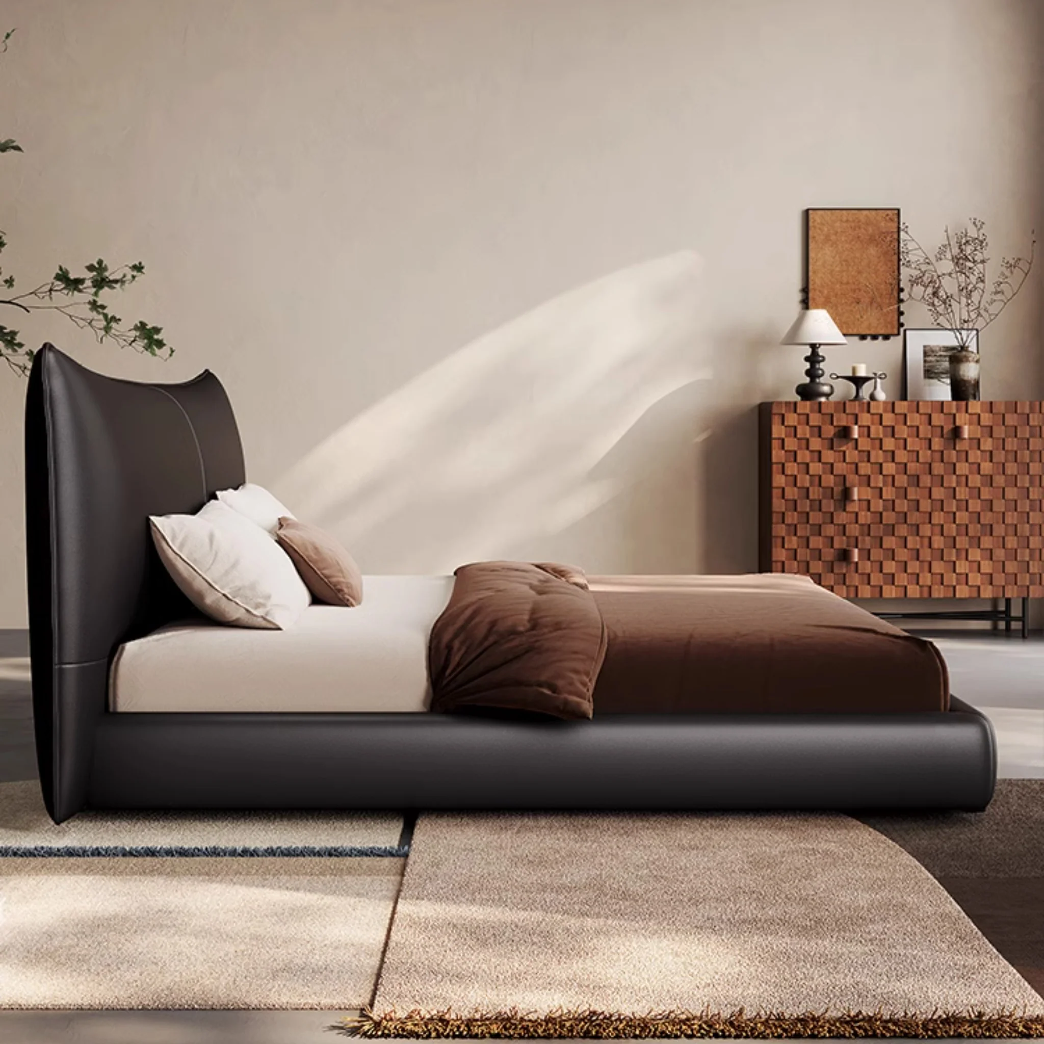 bernova karyola, deri başlıklı yatak, modern baza karyola, özel üretim yatak odası, ısmarlama mobilya, sipariş karyola, deri kaplama baza, contemporary bed, minimal luxury bed, talent design karyola