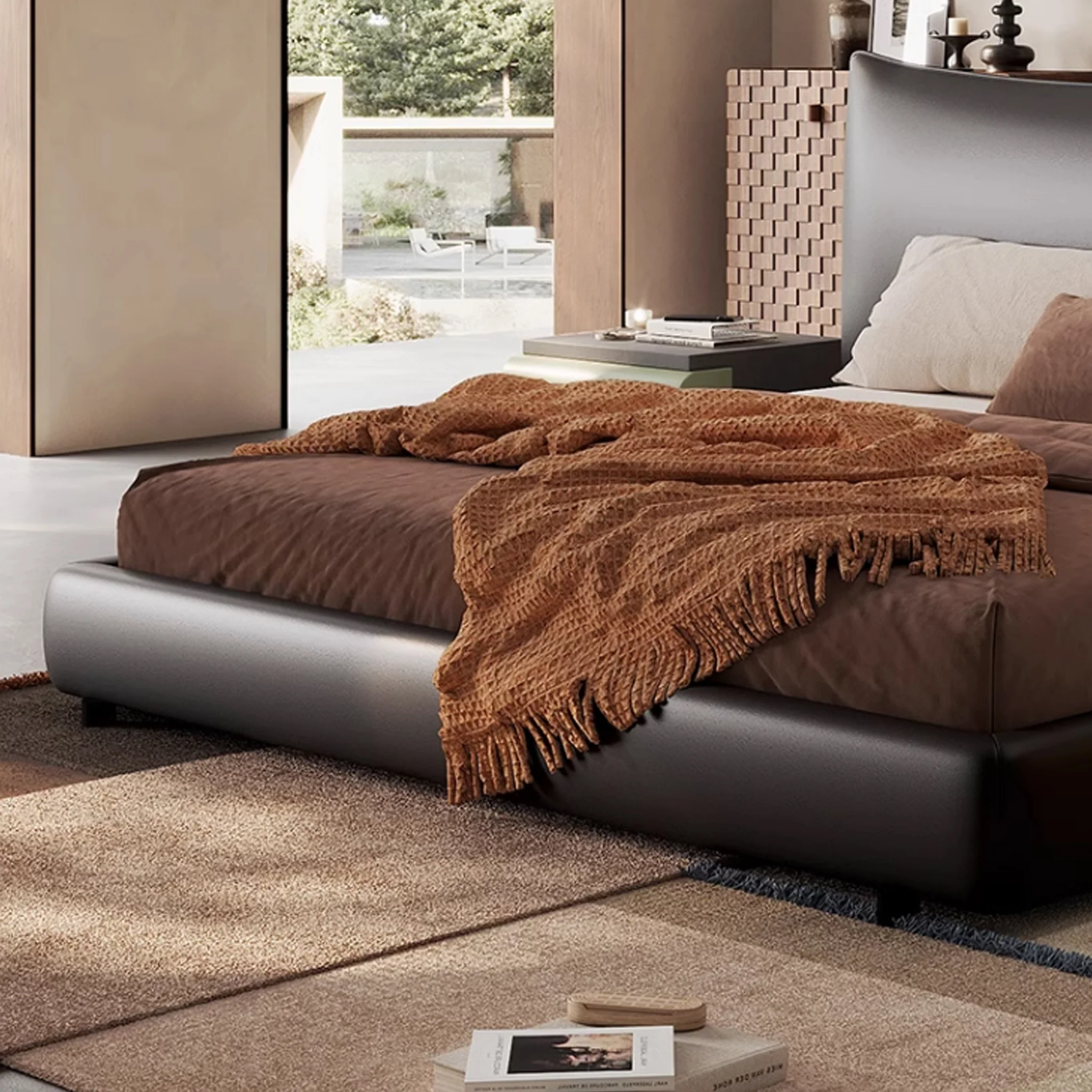 bernova karyola, deri başlıklı yatak, modern baza karyola, özel üretim yatak odası, ısmarlama mobilya, sipariş karyola, deri kaplama baza, contemporary bed, minimal luxury bed, talent design karyola