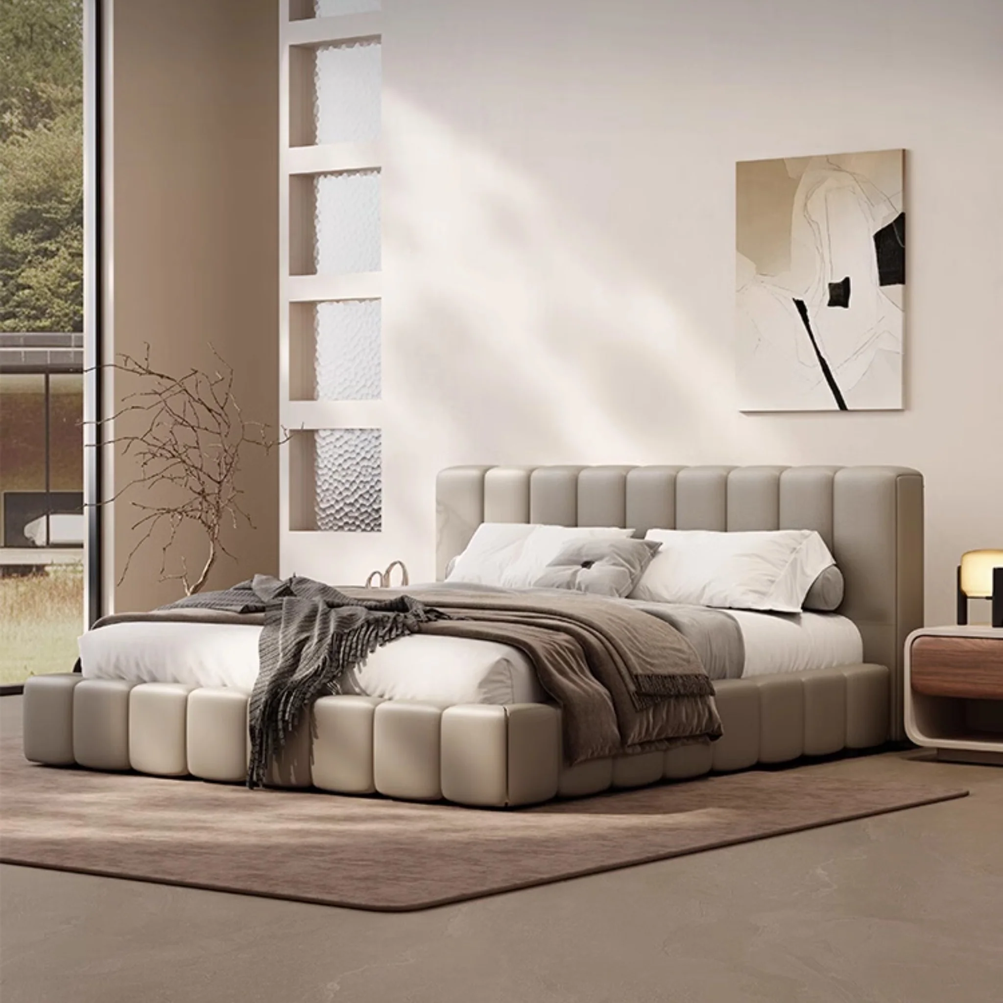 bolvia karyola, kapitone baza yatak, alçak platform bed, modern döşemeli karyola, özel üretim yatak, sipariş yatak odası mobilyası, ısmarlama karyola, boucle bed frame, contemporary soft bed, luxury upholstered bed