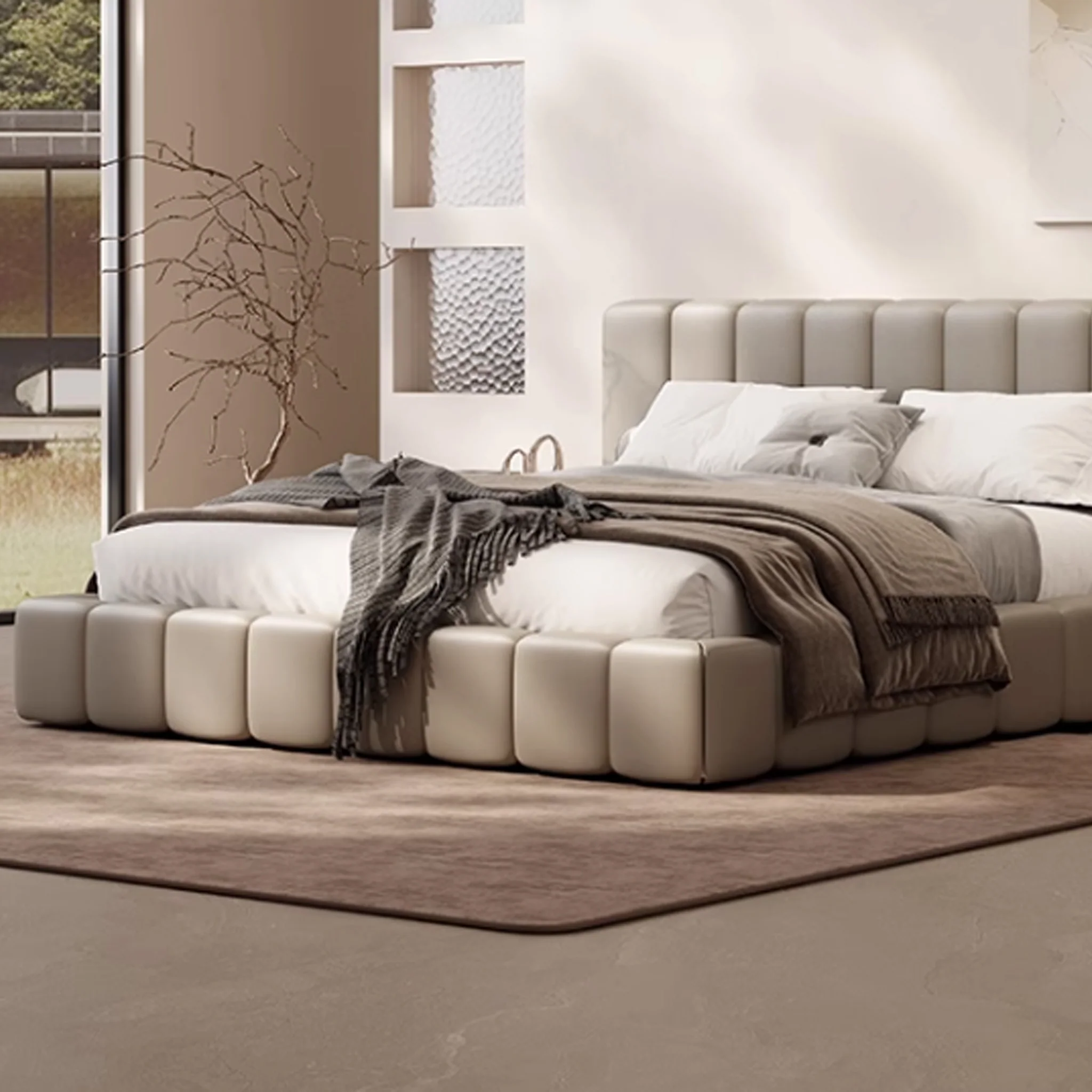bolvia karyola, kapitone baza yatak, alçak platform bed, modern döşemeli karyola, özel üretim yatak, sipariş yatak odası mobilyası, ısmarlama karyola, boucle bed frame, contemporary soft bed, luxury upholstered bed