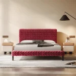 bravena karyola, bordo kapitone yatak, kadife döşemeli karyola, modern şık yatak, özel üretim mobilya, ısmarlama karyola, petek desenli başlık, luxury velvet bed, statement bed frame, talent design karyola
