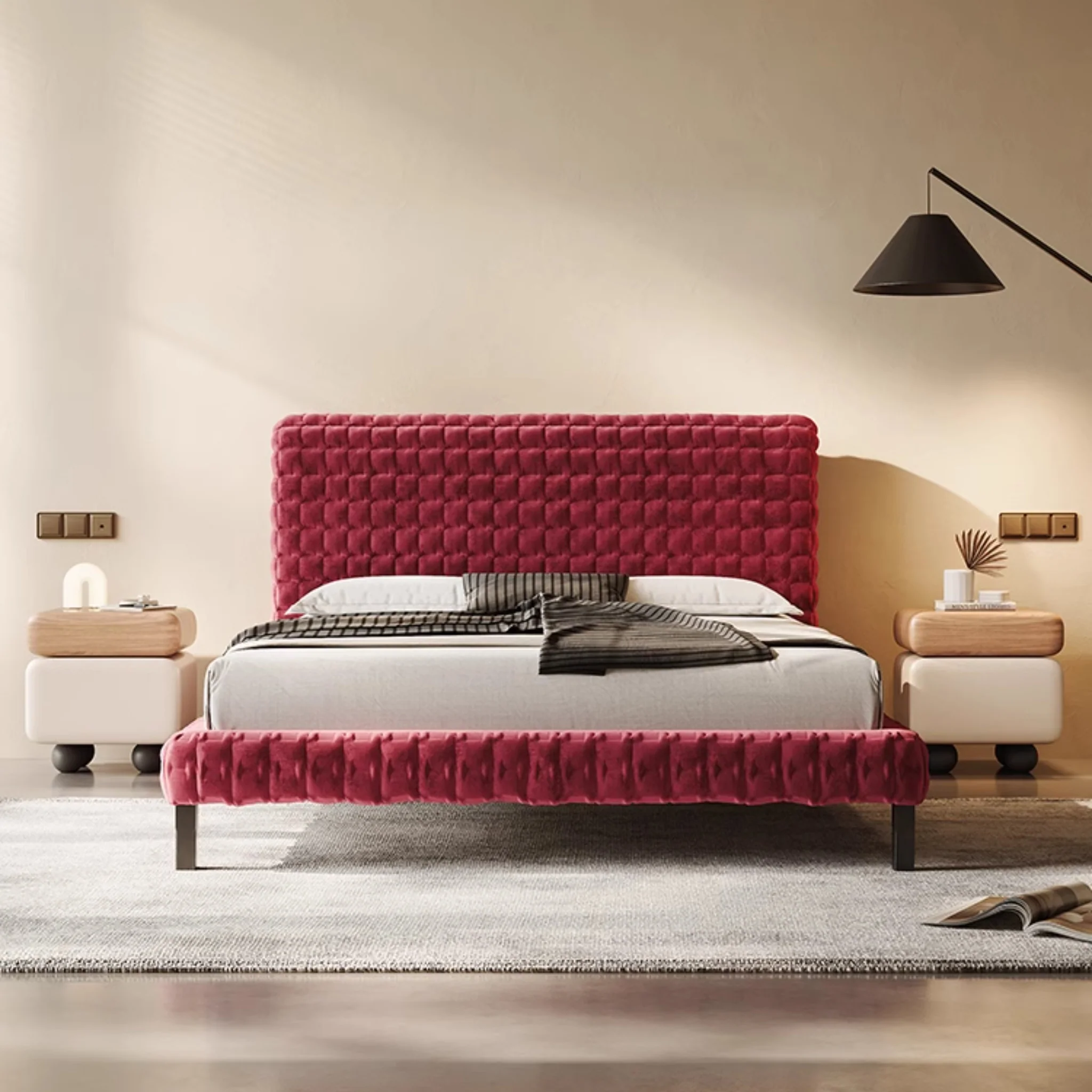 bravena karyola, bordo kapitone yatak, kadife döşemeli karyola, modern şık yatak, özel üretim mobilya, ısmarlama karyola, petek desenli başlık, luxury velvet bed, statement bed frame, talent design karyola