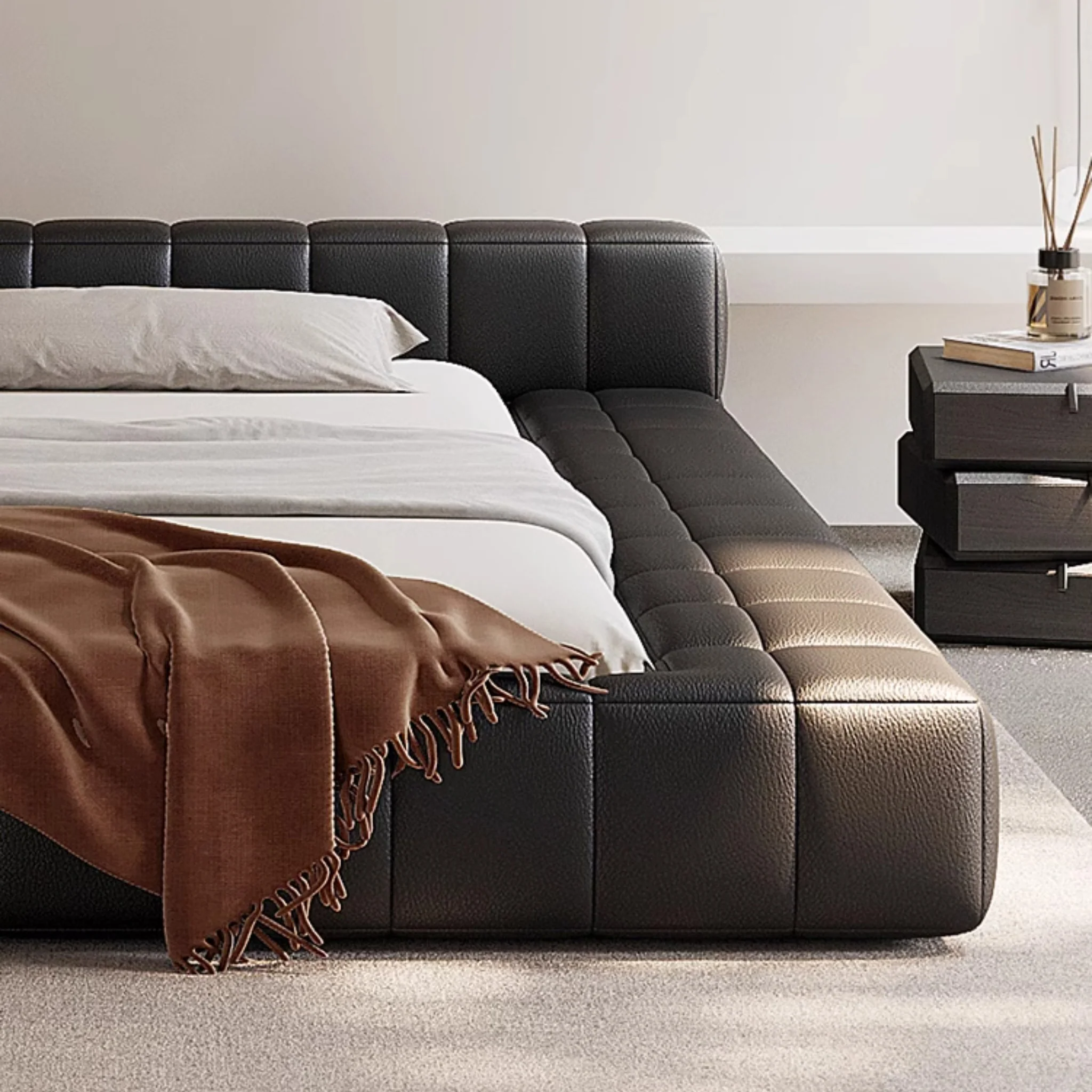 bredon karyola, alçak platform yatak, deri kapitone baza, modern minimal karyola, özel üretim yatak odası, sipariş mobilya, ısmarlama baza yatak, zen stil yatak, contemporary leather bed, talent design karyola