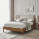 mirabelle karyola, keten döşemeli yatak, ahşap karyola, country tarz mobilya, rustik yatak odası, özel üretim karyola, ısmarlama mobilya, french country bed, modern klasik yatak, talent design karyola