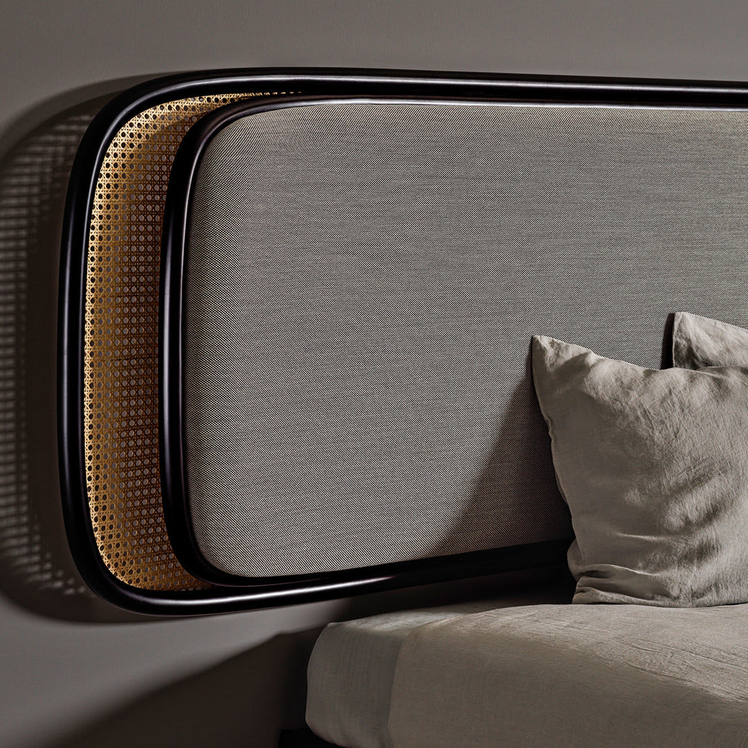 sorvia yatak başı, rattan detaylı yatak başlığı, modern yatak başı, doğal dokulu başlık, ısmarlama mobilya, özel üretim mobilya, minimal yatak odası, modern rattan headboard, handcrafted furniture, talent design yatak başı