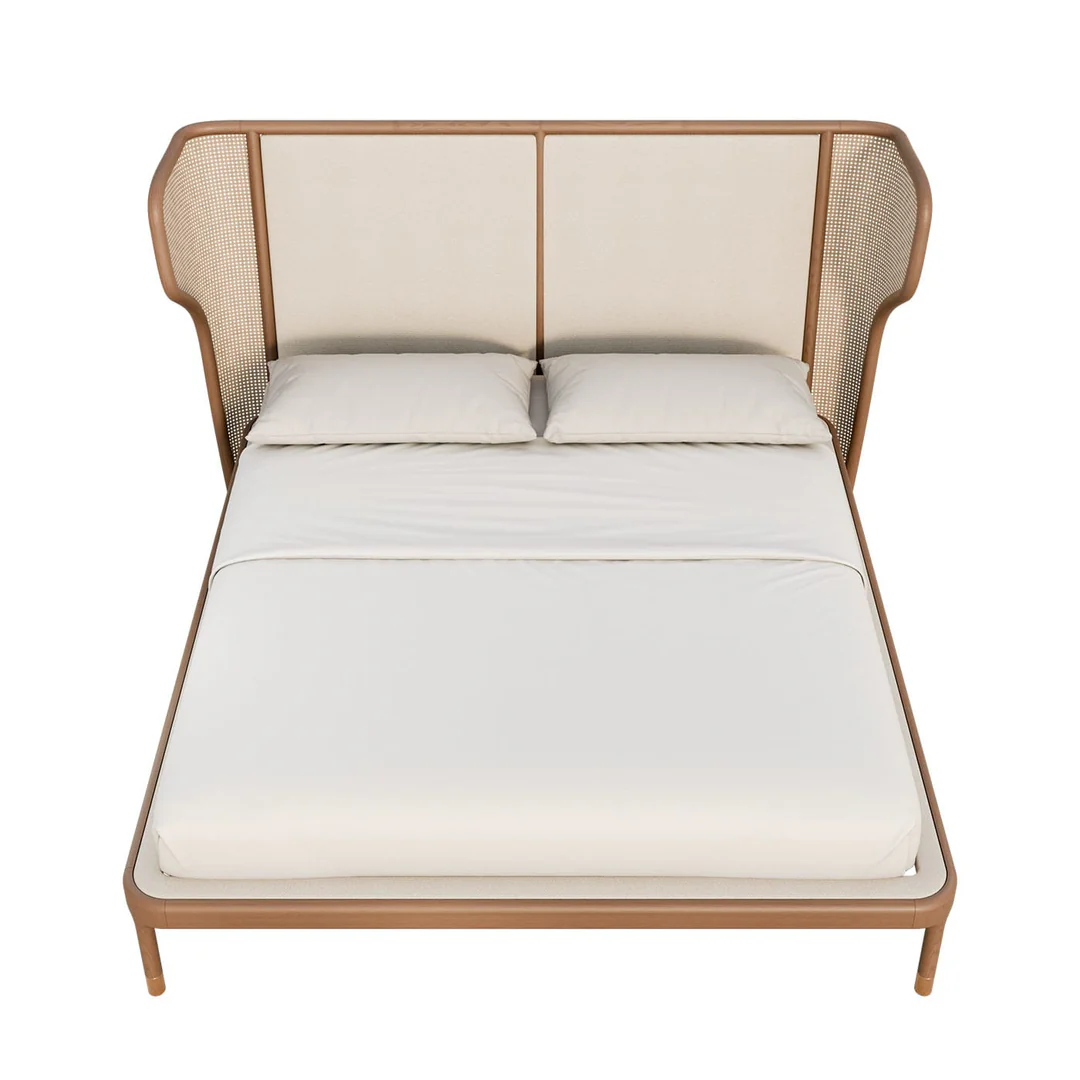 varello karyola, hasır başlıklı yatak, modern ahşap karyola, rattan detaylı yatak, özel üretim karyola, özel ölçü mobilya, sipariş mobilya, ısmarlama mobilya, doğal ahşap yatak, scandinavian bed, coastal furniture, handcrafted bed
