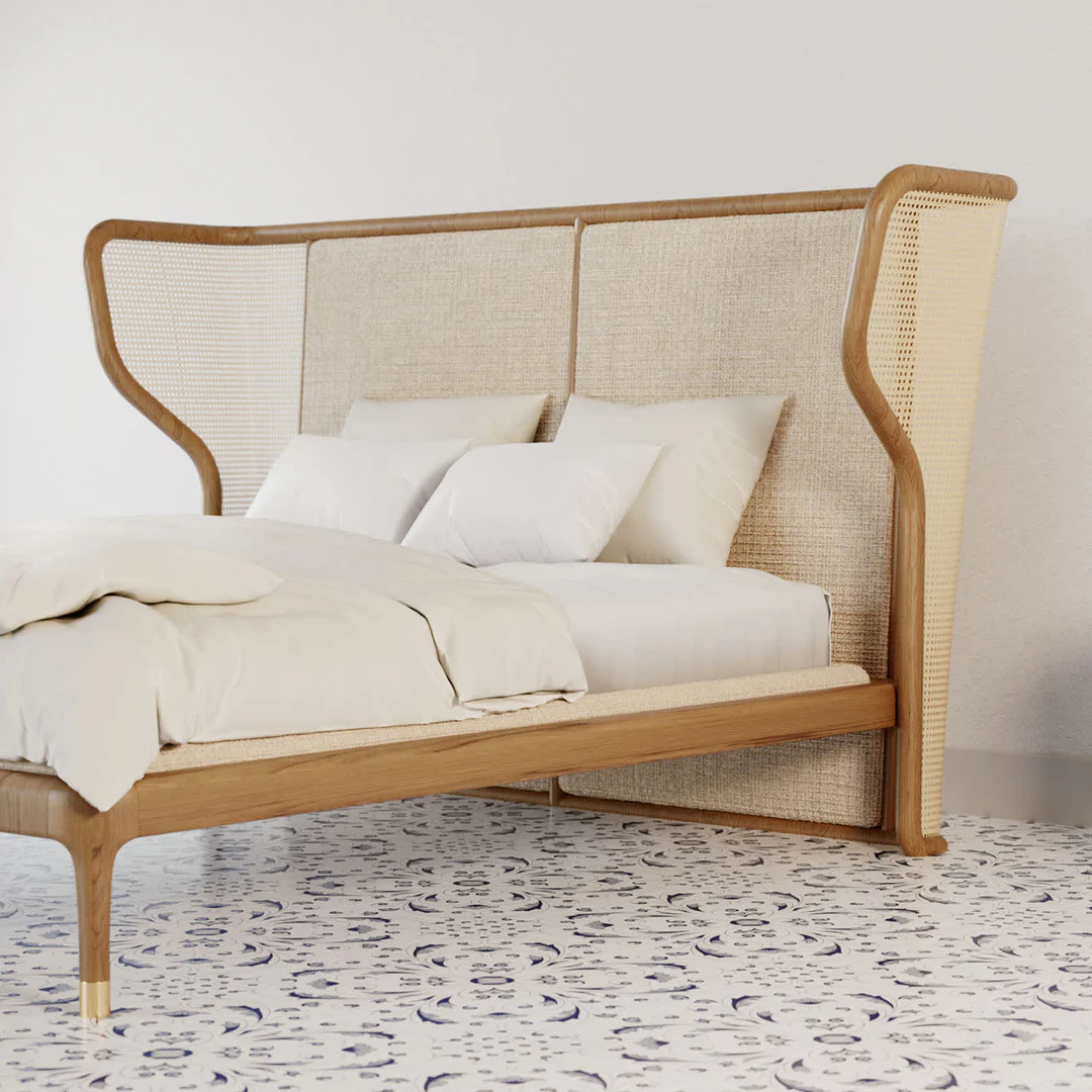 varello karyola, hasır başlıklı yatak, modern ahşap karyola, rattan detaylı yatak, özel üretim karyola, özel ölçü mobilya, sipariş mobilya, ısmarlama mobilya, doğal ahşap yatak, scandinavian bed, coastal furniture, handcrafted bed