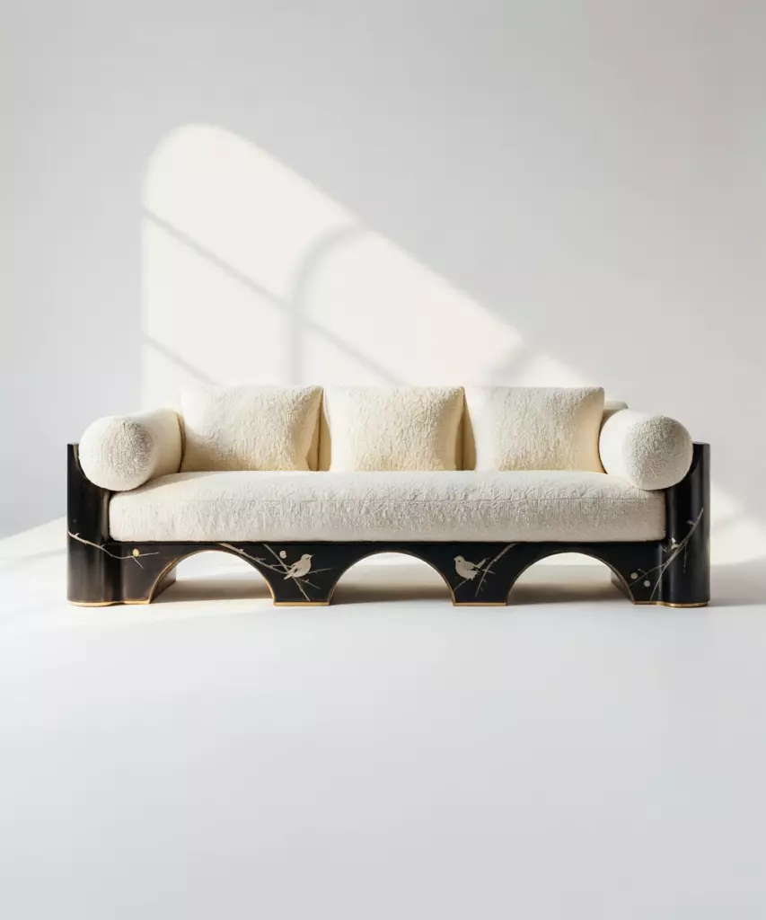 arelno kanepe, el işçiliği lake kanepe, bouclé modern sofa, siyah motifli kanepe, heykelsi modern koltuk, özel üretim kanepe, ısmarlama mobilya, sipariş mobilya, talent design sofa