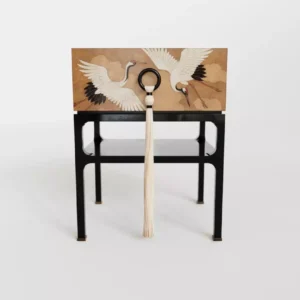 turna motifli komodin, kare form komodin, püsküllü kulplu komodin, modern asya tarzı komodin, özel üretim, sipariş mobilya, ısmarlama mobilya, talent design komodin