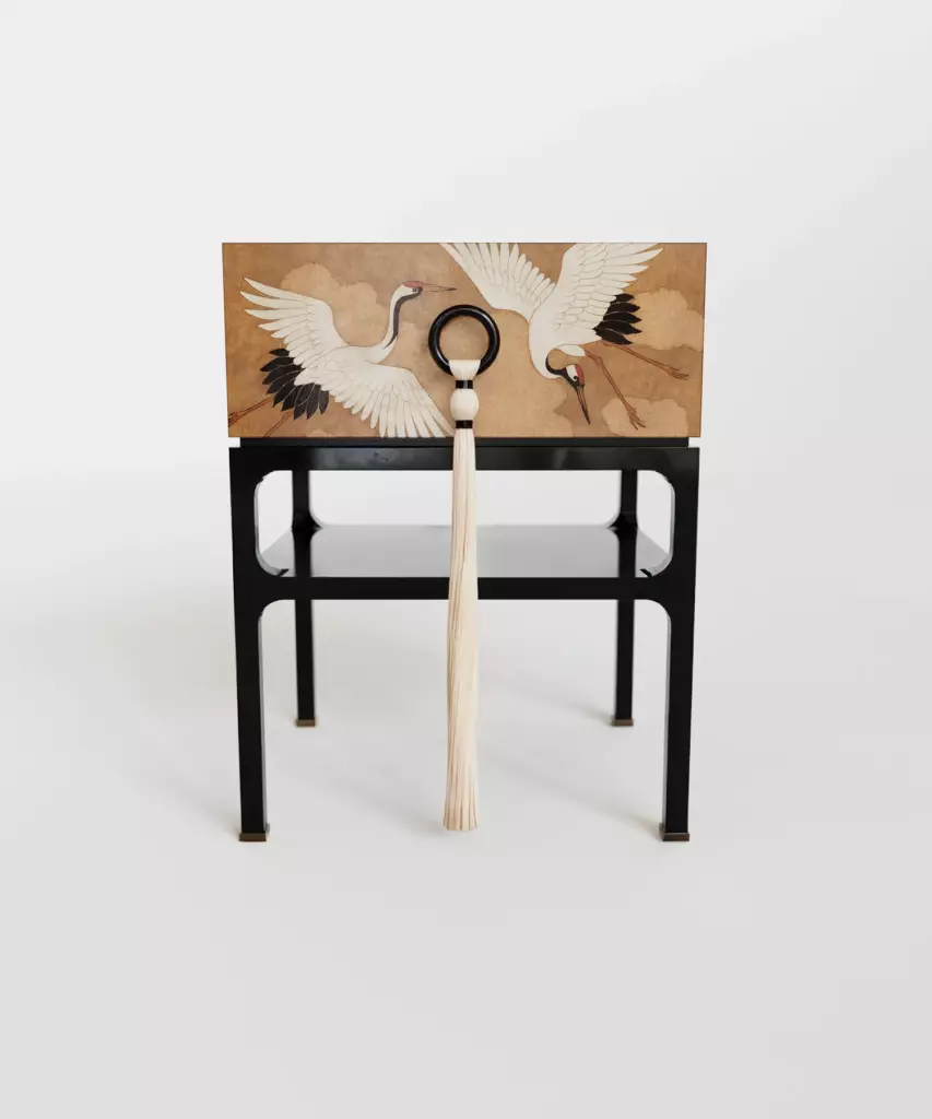 turna motifli komodin, kare form komodin, püsküllü kulplu komodin, modern asya tarzı komodin, özel üretim, sipariş mobilya, ısmarlama mobilya, talent design komodin