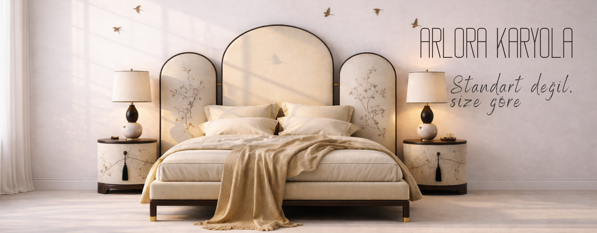 kavisli başlıklı karyola, paravan formlu yatak başlığı, el işçiliği desenli karyola, modern asya esintili karyola, özel üretim, ısmarlama mobilya, sipariş mobilya, talent design karyola