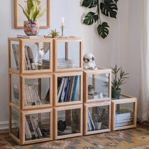 cam küp kitaplık, modüler kitaplık, açık meşe kitaplık, modern şeffaf raf sistemi, özel üretim, sipariş mobilya, ısmarlama mobilya, talent design kitaplık