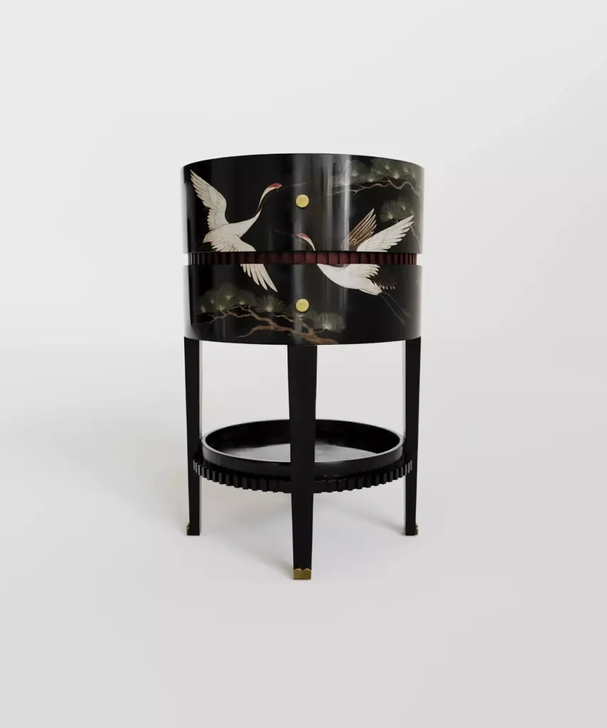 crane motifli komodin, turna desenli komodin, piano siyah komodin, modern asya artisan komodin, özel üretim, sipariş mobilya, ısmarlama mobilya, talent design komodin