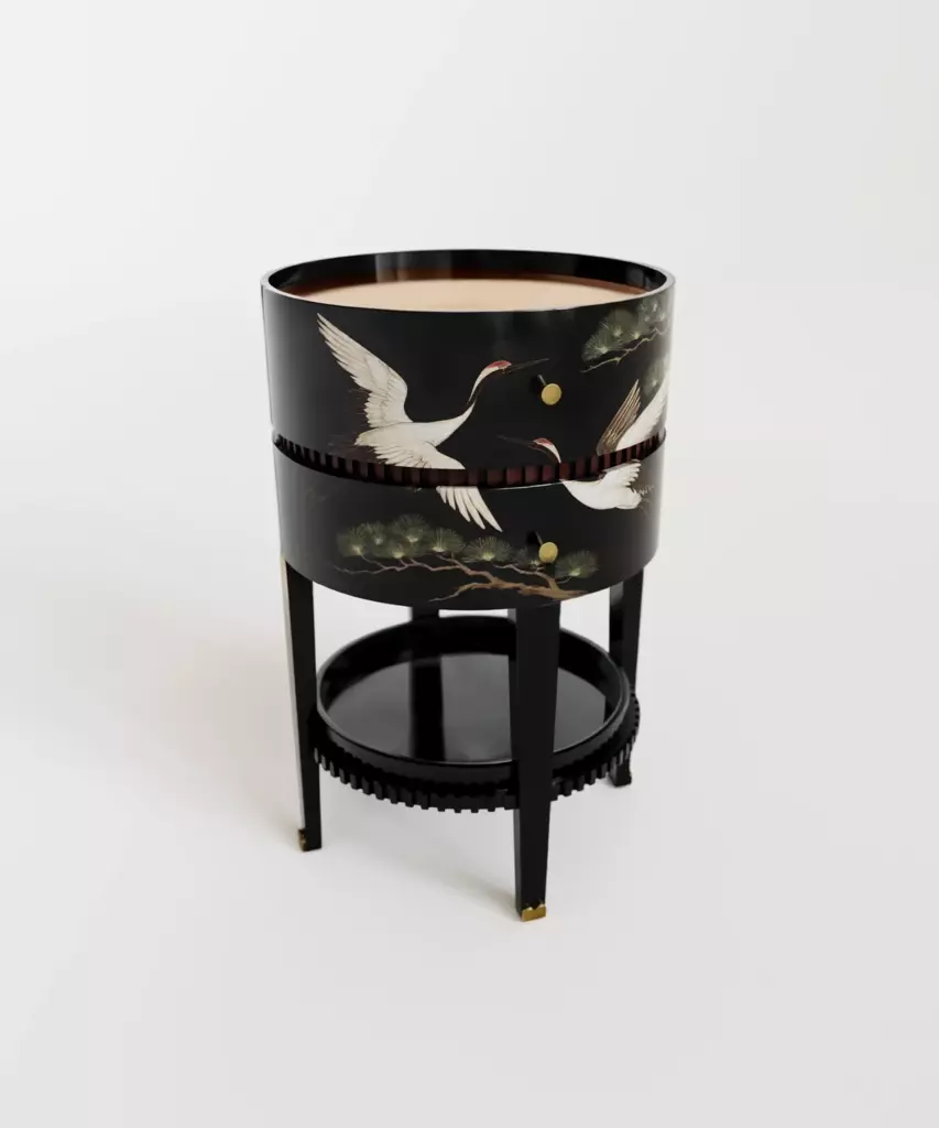 crane motifli komodin, turna desenli komodin, piano siyah komodin, modern asya artisan komodin, özel üretim, sipariş mobilya, ısmarlama mobilya, talent design komodin