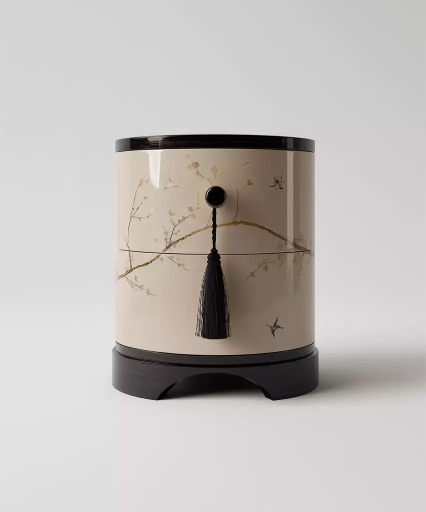 püsküllü kulplu komodin, krem lake komodin, uzakdoğu esintili komodin, el işçiliği desenli komodin, özel üretim, ısmarlama mobilya, sipariş mobilya, talent design komodin