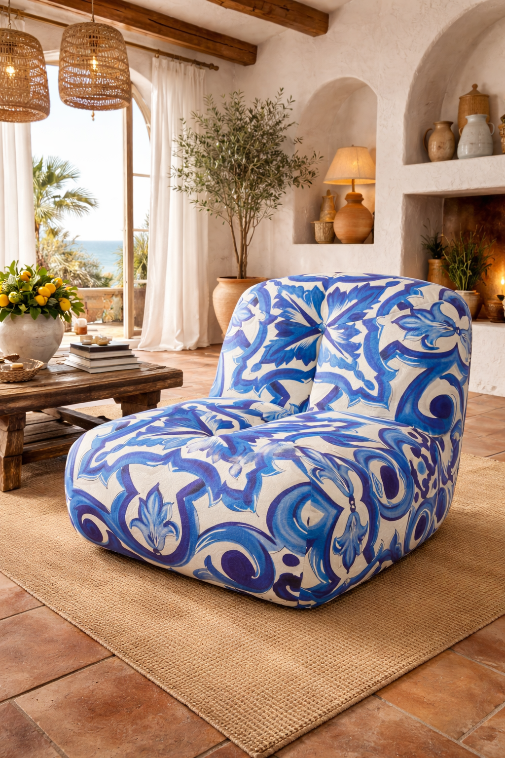 majolica koltuk, desenli tasarım koltuk, el boyaması desen koltuk, özel üretim koltuk, özel ölçü koltuk, sipariş mobilya, ısmarlama mobilya, majolika desen kumaş, akdeniz stili koltuk, modern sanat koltuğu, talent design koltuk