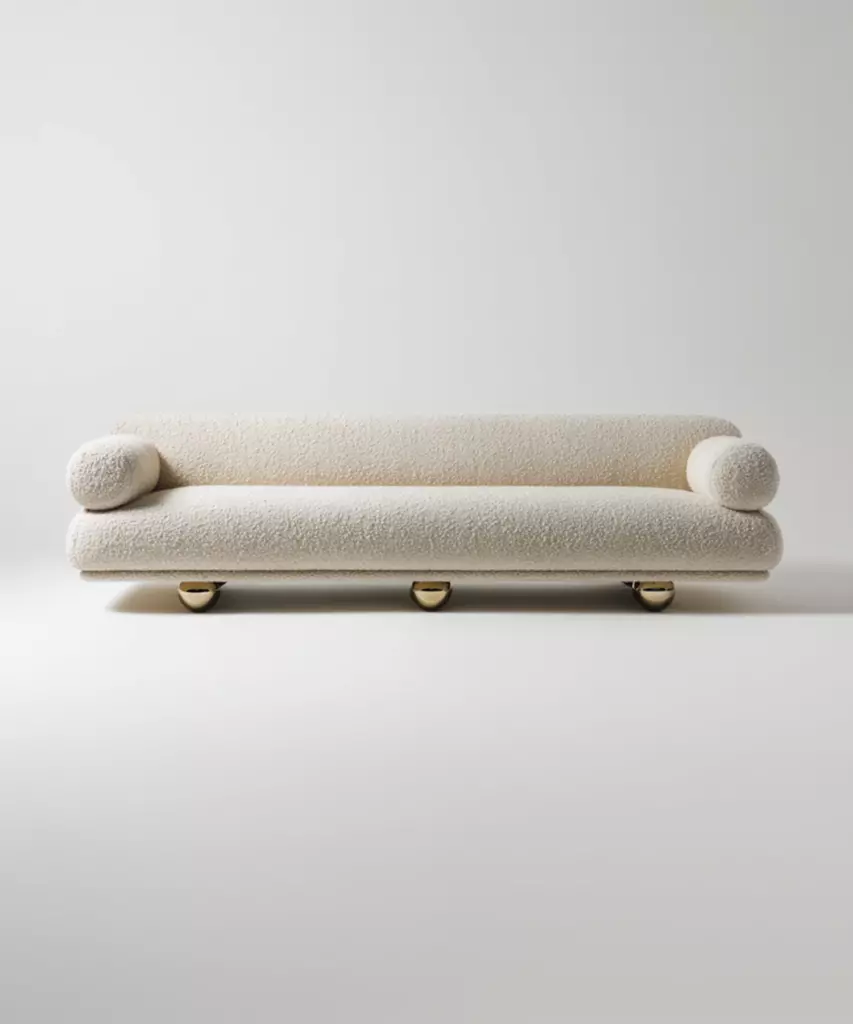 rollox kanepe, silindirik bouclé kanepe, modern heykelsi sofa, pirinç ayaklı kanepe, özel üretim kanepe, sipariş mobilya, ısmarlama mobilya, talent design sofa