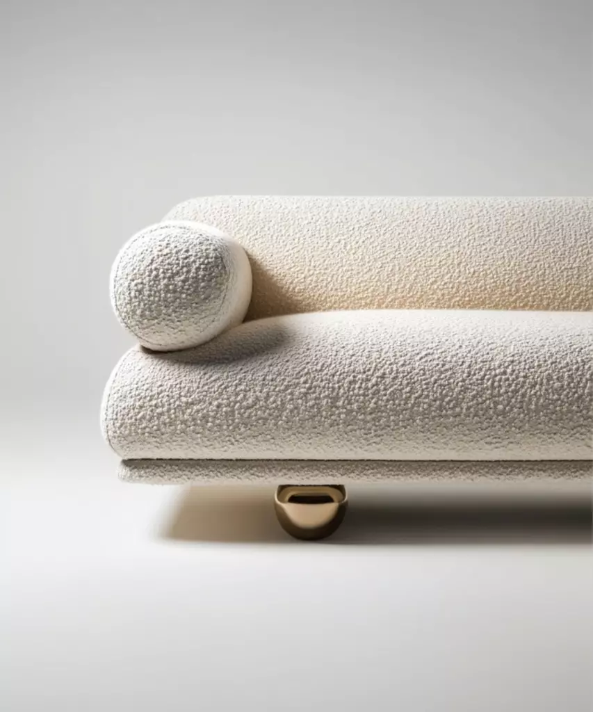 rollox kanepe, silindirik bouclé kanepe, modern heykelsi sofa, pirinç ayaklı kanepe, özel üretim kanepe, sipariş mobilya, ısmarlama mobilya, talent design sofa