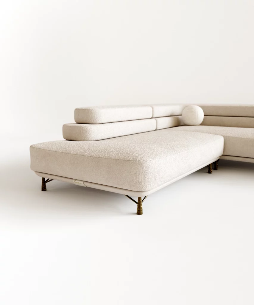 tarella köşe kanepe, modern lineer kanepe, minimal köşe koltuk, bouclé kanepe, özel üretim kanepe, sipariş mobilya, ısmarlama mobilya, talent design sofa