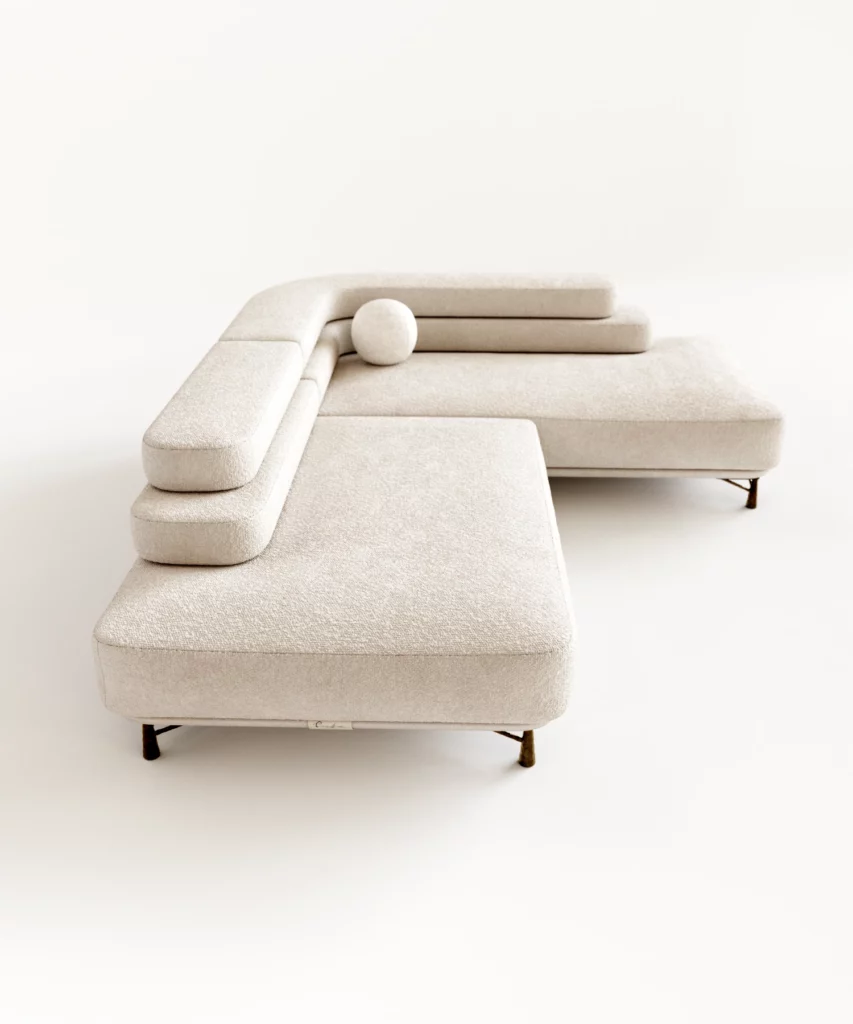 tarella köşe kanepe, modern lineer kanepe, minimal köşe koltuk, bouclé kanepe, özel üretim kanepe, sipariş mobilya, ısmarlama mobilya, talent design sofa