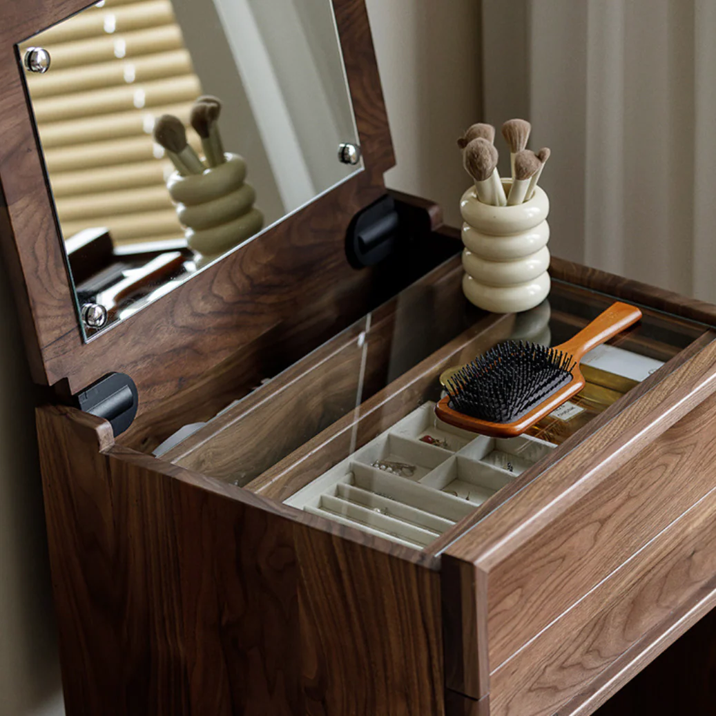 ceviz makyaj masası, kapaklı aynalı makyaj masası, takı düzenleyicili makyaj masası, kompakt makyaj çözümü, özel üretim, sipariş mobilya, ısmarlama mobilya, talent design makyaj masası