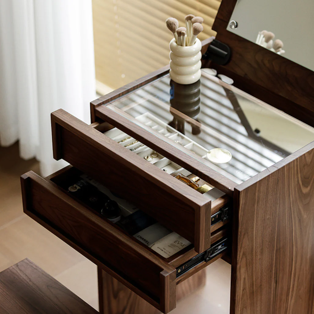 ceviz makyaj masası, kapaklı aynalı makyaj masası, takı düzenleyicili makyaj masası, kompakt makyaj çözümü, özel üretim, sipariş mobilya, ısmarlama mobilya, talent design makyaj masası