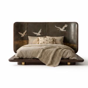 aeris karyola, turna motifli karyola, özel tasarım karyola, platform yatak, ahşap başlıklı yatak, modern karyola, japandi karyola, tasarım yatak, özel üretim karyola, özel ölçü karyola, sipariş karyola, ısmarlama karyola, talent design yatak, butik otel karyolası, designer bed, statement headboard bed