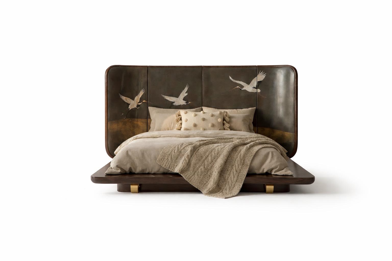 aeris karyola, turna motifli karyola, özel tasarım karyola, platform yatak, ahşap başlıklı yatak, modern karyola, japandi karyola, tasarım yatak, özel üretim karyola, özel ölçü karyola, sipariş karyola, ısmarlama karyola, talent design yatak, butik otel karyolası, designer bed, statement headboard bed