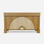 kok kaplama ahsap art deco bufe tasarimi, mermer tablalı luks sideboard tasarimi, konsantrik motifli dekoratif modern bufe, ozel uretim kok kaplama luks bufe tasarimi, metal detayli art deco stil bufe