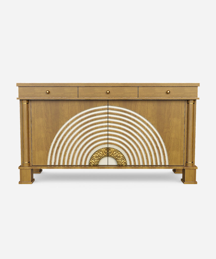 kok kaplama ahsap art deco bufe tasarimi, mermer tablalı luks sideboard tasarimi, konsantrik motifli dekoratif modern bufe, ozel uretim kok kaplama luks bufe tasarimi, metal detayli art deco stil bufe