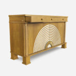 kok kaplama ahsap art deco bufe tasarimi, mermer tablalı luks sideboard tasarimi, konsantrik motifli dekoratif modern bufe, ozel uretim kok kaplama luks bufe tasarimi, metal detayli art deco stil bufe