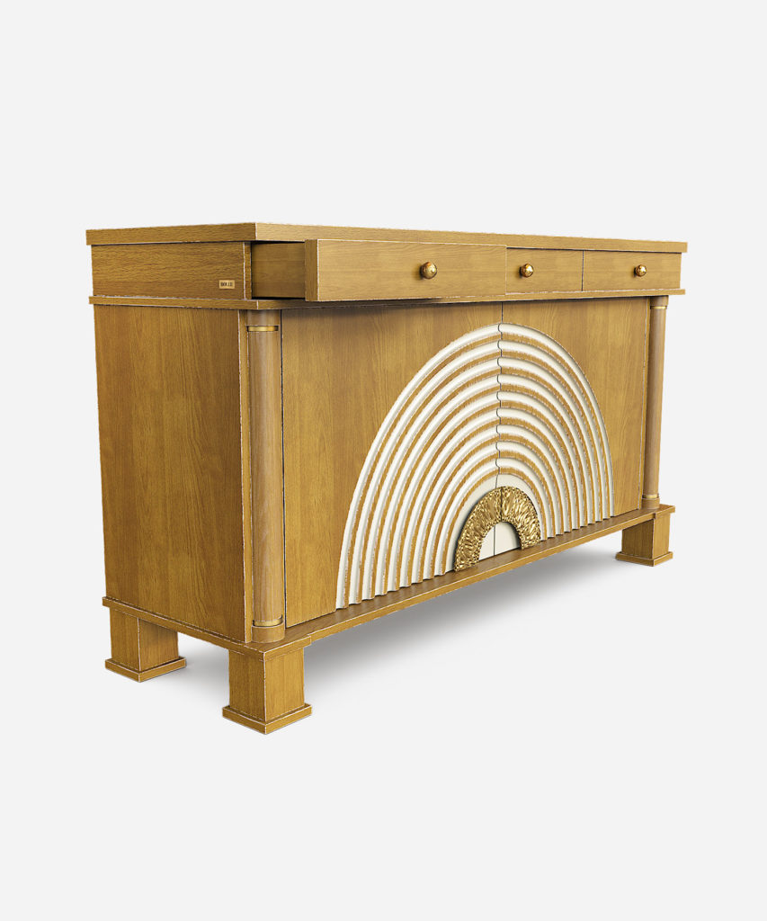 kok kaplama ahsap art deco bufe tasarimi, mermer tablalı luks sideboard tasarimi, konsantrik motifli dekoratif modern bufe, ozel uretim kok kaplama luks bufe tasarimi, metal detayli art deco stil bufe