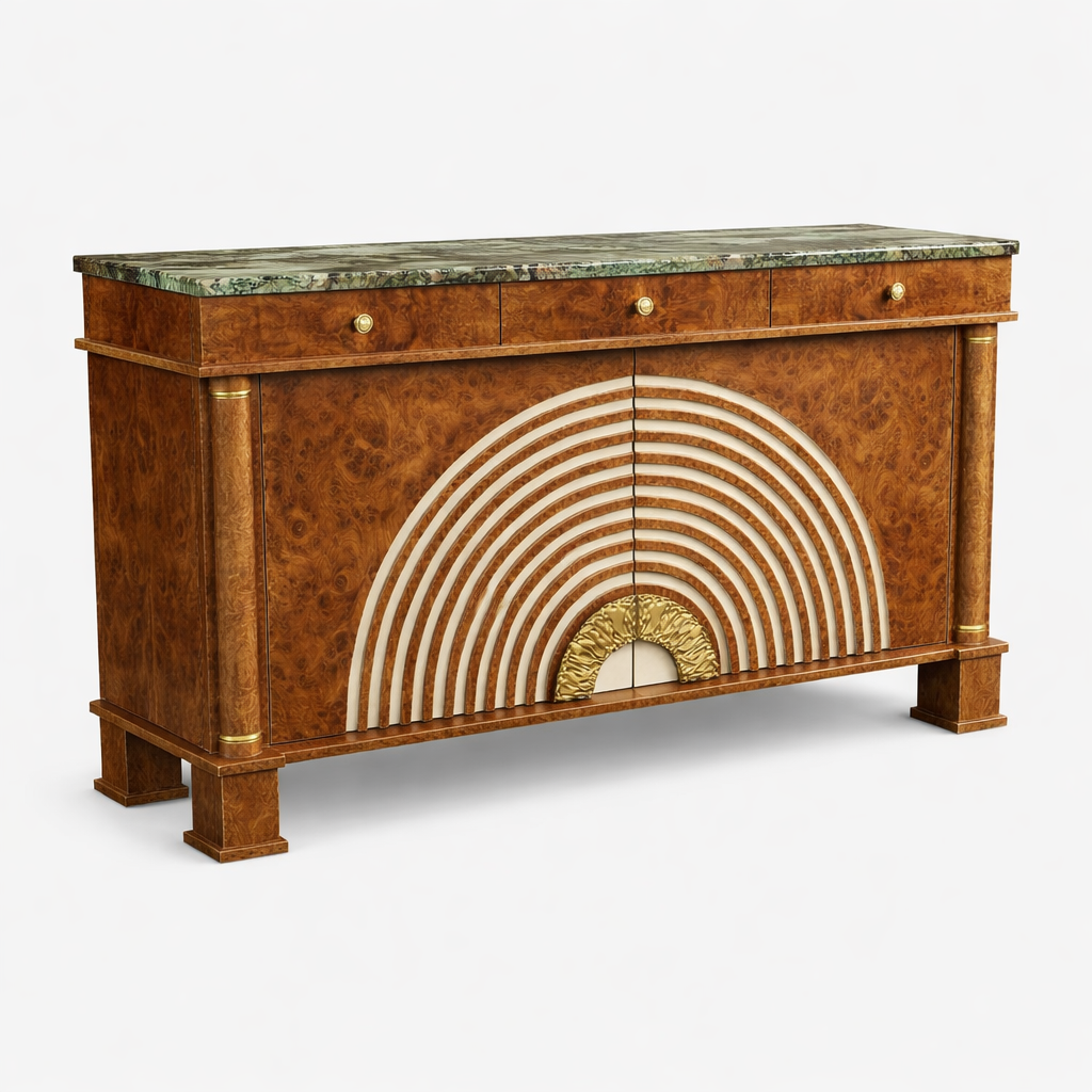 kok kaplama ahsap art deco bufe tasarimi, mermer tablalı luks sideboard tasarimi, konsantrik motifli dekoratif modern bufe, ozel uretim kok kaplama luks bufe tasarimi, metal detayli art deco stil bufe