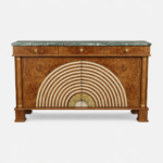 kok kaplama ahsap art deco bufe tasarimi, mermer tablalı luks sideboard tasarimi, konsantrik motifli dekoratif modern bufe, ozel uretim kok kaplama luks bufe tasarimi, metal detayli art deco stil bufe